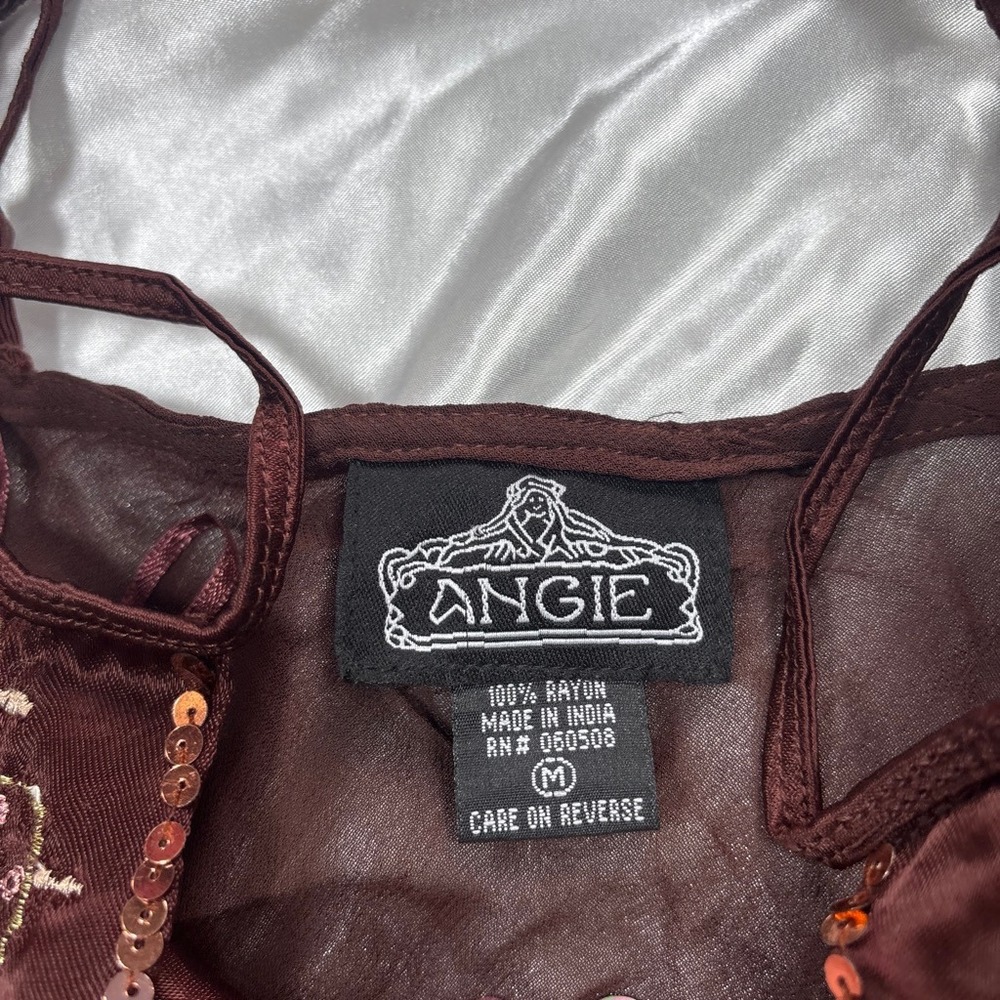 y2k Angie Cami Top Brown Sheer Sequin Embroidered Boho Medallion M - Picture 4 of 6